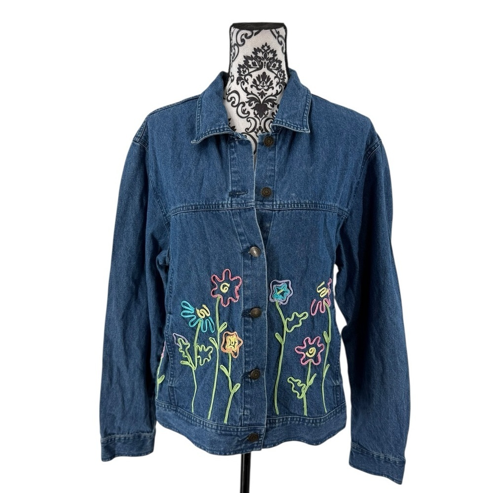 Vintage Embroidered Floral Denim Jacket Prairie Boho Cottagecore Western Folk